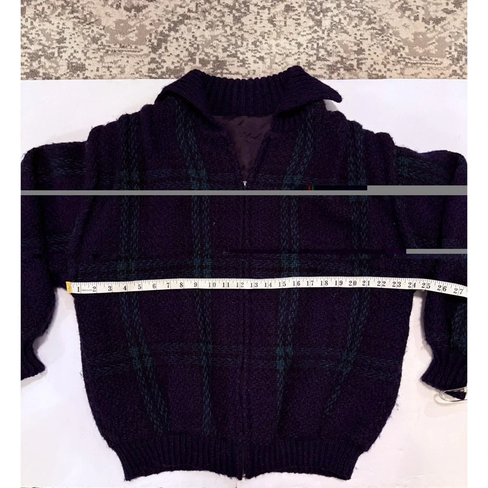 Branigan Weavers Wool Sweater M Green Blue Plaid Full Zip Ireland Vintage Knit